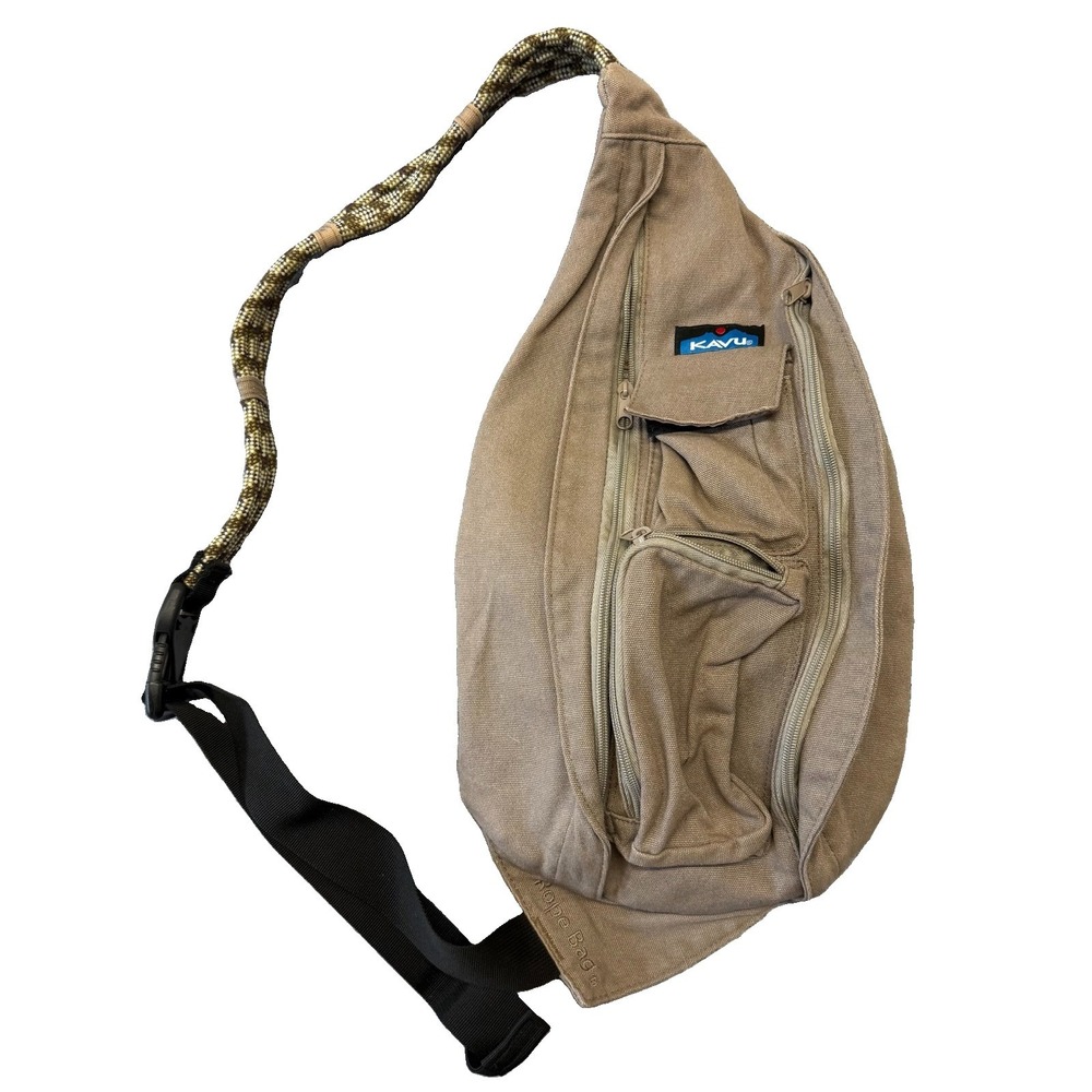 Kavu Rope Sling Bag Crossbody Backpack Tan with Green Rope Pockets